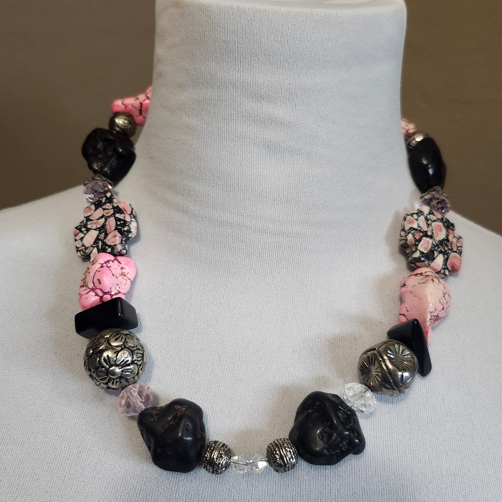 Pink Black‎ Stone Beaded Necklace Costume Statement Jewelry